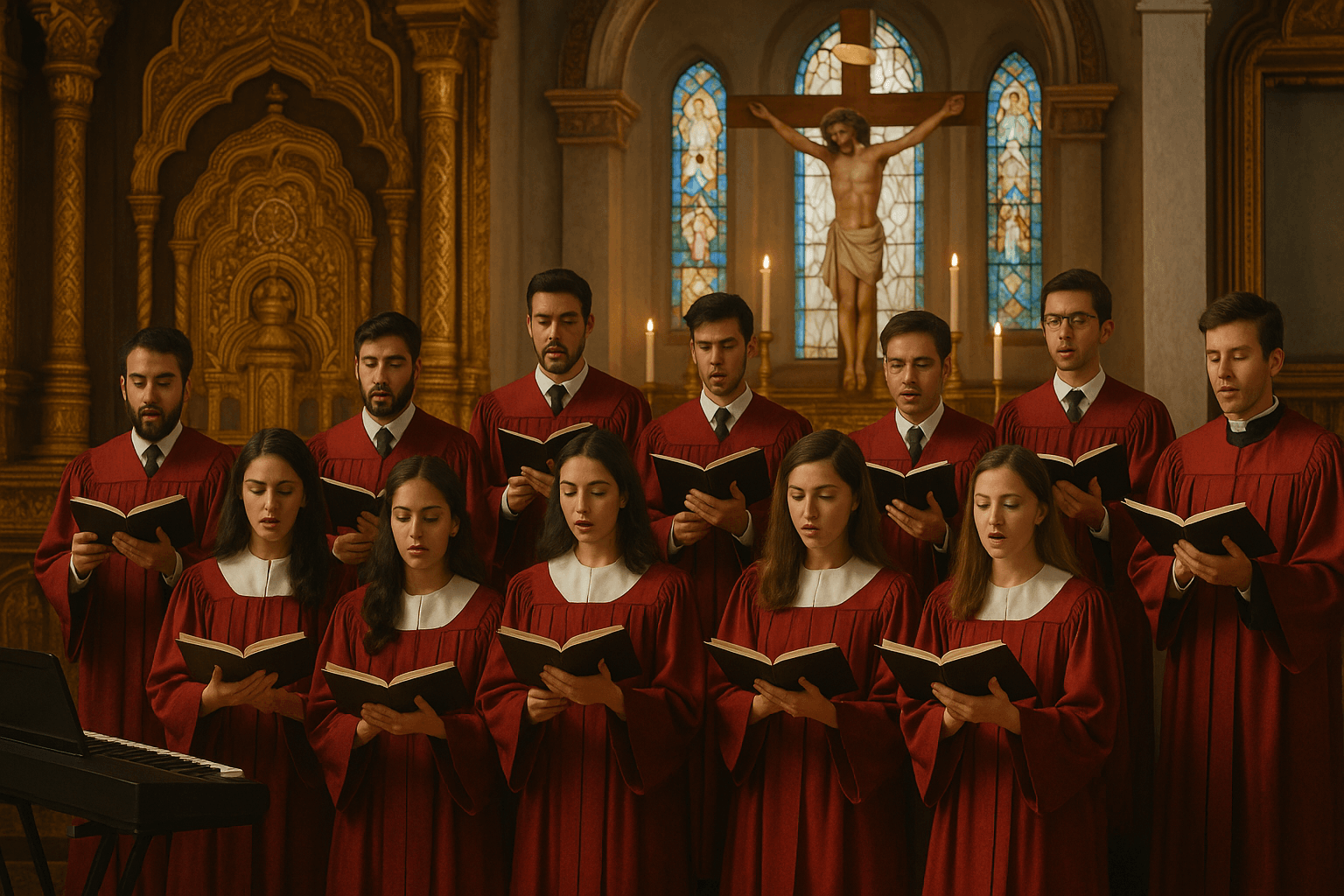 Catholic choir singing during Mass in a traditional church with crucifix and stained glass in the background.